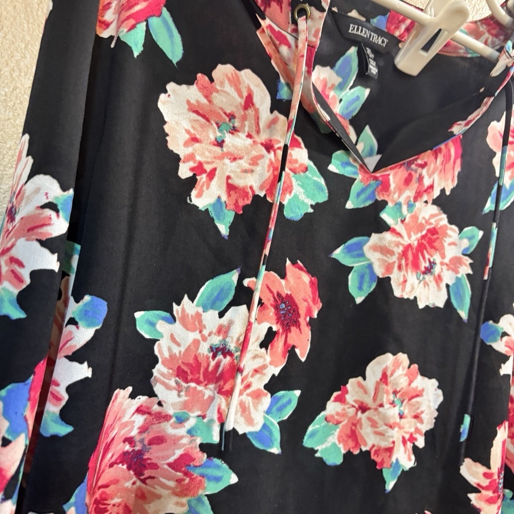 Ellen Tracy Floral Pink Rose Career Blouse Top Shirt Long Sleeve Tie Top Size L - Picture 9 of 14
